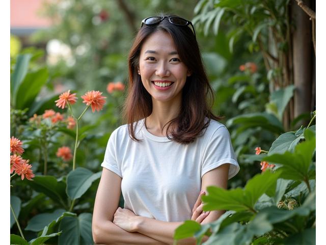 Our founder, smiling amidst a lush garden of diverse plants