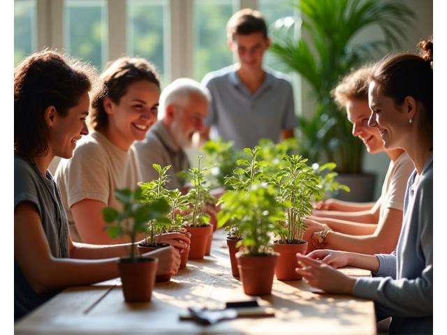 People happily participating in a plant care workshop