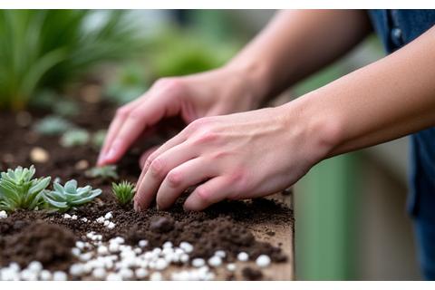 Close-up of hands working with soil and small succulents