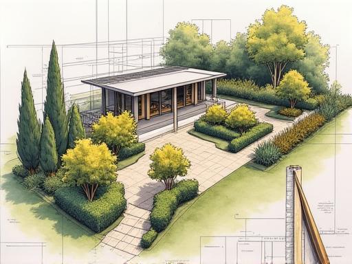 Architectural sketch of a modern garden design with plant annotations.