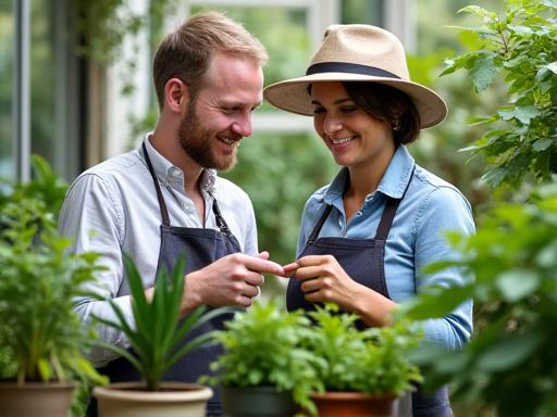 Gardener in a hat consulting with a client amidst lush garden plants, pointing to a plant.