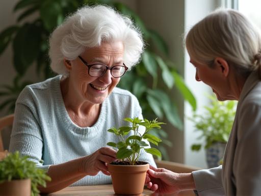 Elderly woman smiling while potting a plant with the assistance of a horticultural therapist, in a bright, calming setting.
