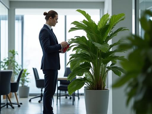 Professional gardener watering a large, healthy indoor plant in a modern office environment.