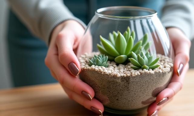 Hands arranging plants in a glass terrarium